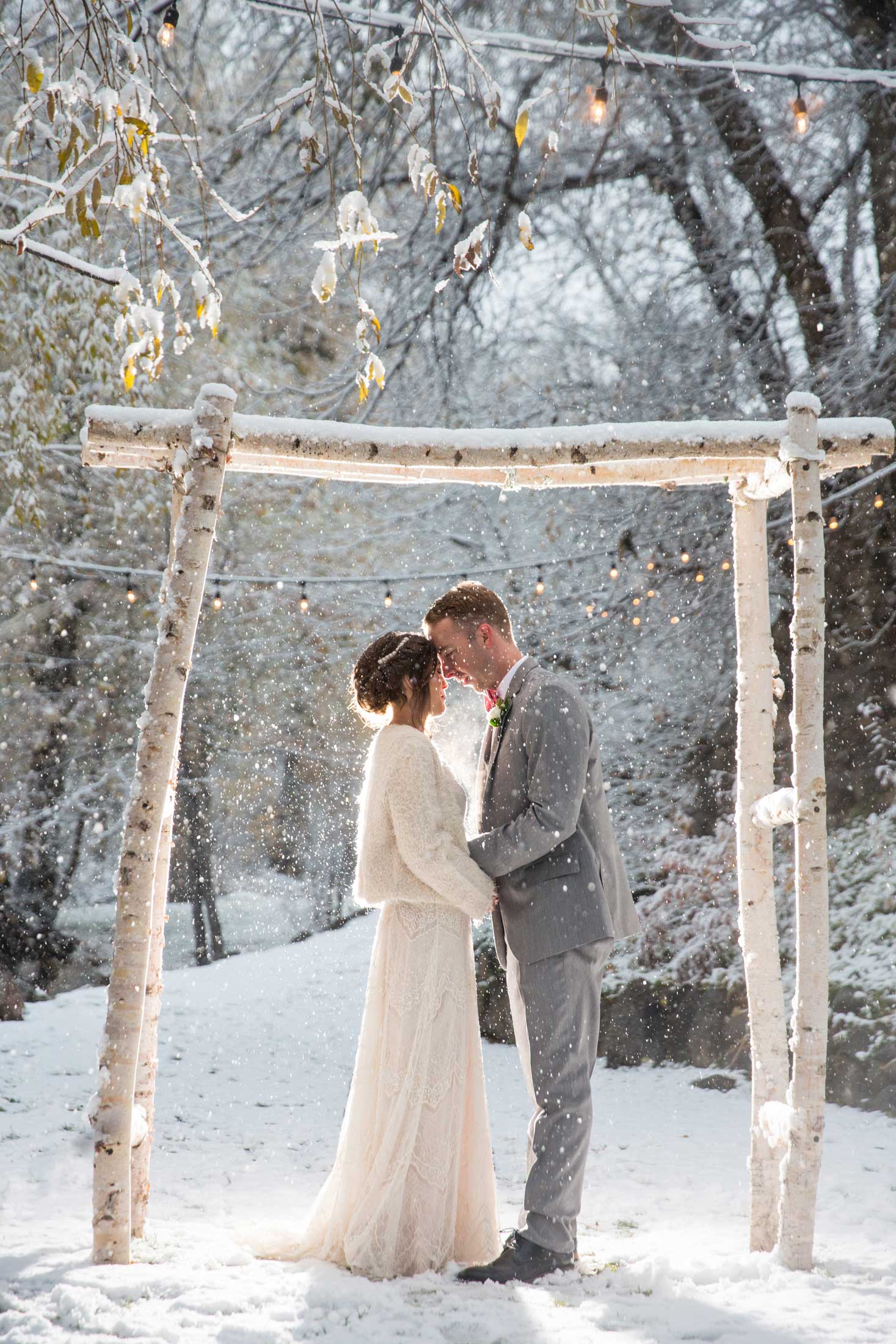 bride-and-groom-backlit-in-snowy-grove